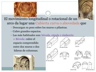 El movimiento longitudinal o rotacional de un
arco da lugar una Cubierta curva o abovedada que
 Descargan su peso sobre los muros o pilastras.
 Cubre grandes espacios.
 Las más habituales son: bóveda, cúpula y cimborrio
 Bóveda: cubre el
espacio comprendido
entre dos muros o dos
hileras de columnas.
 
