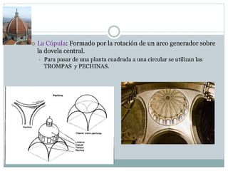  La Cúpula: Formado por la rotación de un arco generador sobre
la dovela central.
• Para pasar de una planta cuadrada a una circular se utilizan las
TROMPAS y PECHINAS.
 