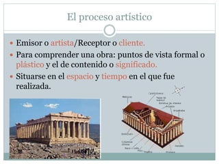 El proceso artístico
 Emisor o artista/Receptor o cliente.
 Para comprender una obra: puntos de vista formal o
plástico y el de contenido o significado.
 Situarse en el espacio y tiempo en el que fue
realizada.
 
