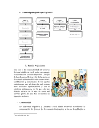e. Fases del presupuesto participativo17
1. Fase de Preparación
Esta fase es de responsabilidad del Gobierno
Regional o Gobierno Local, según corresponda,
en coordinación con sus respectivos Consejos
de Coordinación. El desarrollo de las acciones
de comunicación sensibilización, convocatoria,
identificación y capacitación de los agentes
participantes para el desarrollo del proceso
debe realizarse oportunamente y con la
suficiente anticipación, por lo que esta fase
debería iniciarse en el mes de enero del
ejercicio previo. En esta fase se realizan las
siguientes acciones:
• Comunicación
Los Gobiernos Regionales y Gobiernos Locales deben desarrollar mecanismos de
comunicación del Proceso del Presupuesto Participativo a fin que la población se
17
Instructivo del PP 2010 - MEF
 