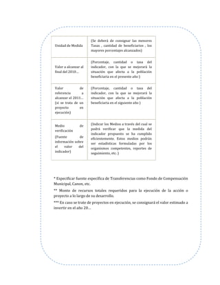Unidad de Medida
(Se deberá de consignar las menores
Tasas , cantidad de beneficiarios , los
mayores porcentajes alcanzados)
Valor a alcanzar al
final del 2010…
(Porcentaje, cantidad o tasa del
indicador, con la que se mejorará la
situación que afecta a la población
beneficiaria en el presente año )
Valor de
referencia a
alcanzar el 2011…
(si se trata de un
proyecto en
ejecución)
(Porcentaje, cantidad o tasa del
indicador, con la que se mejorará la
situación que afecta a la población
beneficiaria en el siguiente año )
Medio de
verificación
(Fuente de
información sobre
el valor del
indicador)
(Indicar los Medios a través del cual se
podrá verificar que la medida del
indicador propuesto se ha cumplido
eficientemente. Estos medios podrán
ser estadísticas formuladas por los
organismos competentes, reportes de
seguimiento, etc. )
* Especificar fuente específica de Transferencias como Fondo de Compensación
Municipal, Canon, etc.
** Monto de recursos totales requeridos para la ejecución de la acción o
proyecto a lo largo de su desarrollo.
*** En caso se trate de proyectos en ejecución, se consignará el valor estimado a
invertir en el año 20…
 