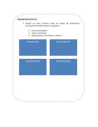 TRABAJO PRÁCTICO N°5:
1. Realice un breve resumen sobre las etapas de presupuesto
participativo ello debe contener lo siguiente:
• Acciones principales
• ¿Cómo se participa?
• ¿Qué productos o resultados se obtiene?
Preparación Concertación
Coordinación Formalización
 