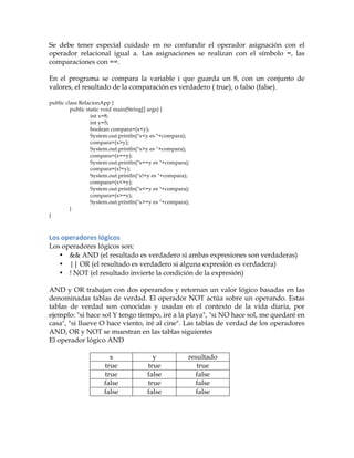 Se debe tener especial cuidado en no confundir el operador asignación con el
operador relacional igual a. Las asignaciones se realizan con el símbolo =, las
comparaciones con ==.
En el programa se compara la variable i que guarda un 8, con un conjunto de
valores, el resultado de la comparación es verdadero ( true), o falso (false).
public class RelacionApp {
public static void main(String[] args) {
int x=8;
int y=5;
boolean compara=(x<y);
System.out.println("x<y es "+compara);
compara=(x>y);
System.out.println("x>y es "+compara);
compara=(x==y);
System.out.println("x==y es "+compara);
compara=(x!=y);
System.out.println("x!=y es "+compara);
compara=(x<=y);
System.out.println("x<=y es "+compara);
compara=(x>=y);
System.out.println("x>=y es "+compara);
}
}
Los	
  operadores	
  lógicos	
  
Los operadores lógicos son:
• && AND (el resultado es verdadero si ambas expresiones son verdaderas)
• || OR (el resultado es verdadero si alguna expresión es verdadera)
• ! NOT (el resultado invierte la condición de la expresión)
AND y OR trabajan con dos operandos y retornan un valor lógico basadas en las
denominadas tablas de verdad. El operador NOT actúa sobre un operando. Estas
tablas de verdad son conocidas y usadas en el contexto de la vida diaria, por
ejemplo: "si hace sol Y tengo tiempo, iré a la playa", "si NO hace sol, me quedaré en
casa", "si llueve O hace viento, iré al cine". Las tablas de verdad de los operadores
AND, OR y NOT se muestran en las tablas siguientes
El operador lógico AND
x y resultado
true true true
true false false
false true false
false false false
 