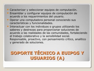 SOPORTE TÉCNICO A EUIPOS YSOPORTE TÉCNICO A EUIPOS Y
USUARIOS (A)USUARIOS (A)
 Caracterizar y seleccionar equipos de computación.
 Ensamblar y configurar equipos de computación de
acuerdo a los requerimientos del usuario.
 Operar una computadora personal conociendo sus
características y funcionalidades.
 Interactuar con los individuos o grupos utilizando los
saberes y destrezas para proporcionar soluciones de
acuerdo a las realidades de las comunidades, fortaleciendo
el trabajo colaborativo y la sensibilidad social.
Responsable, proactivo, con pensamiento crítico, analítico
y generado de soluciones.
 