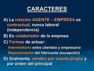 CLASIFICACIÓNLEGISLADOS en C. ComSegún ámbito:	a) interno, contrato de trabajo (factores, dependientes)	b) externo, sin contrato (transportistas, barraqueros, corredores, martilleros)NO LEGISLADOS en C. Com.a) Sin legislar: agentes ventasb) Legislados en otros cuerpos legales:	1) Con relac. dependencia (viajantes de comercio)	2) Sin relac. dependencia (agentes bolsa, promotores, despachantes) 