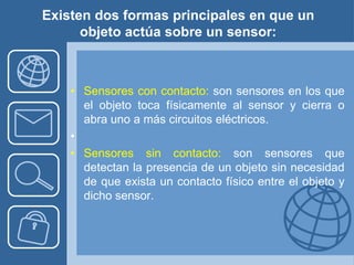 Existen dos formas principales en que un
      objeto actúa sobre un sensor:



    • Sensores con contacto: son sensores en los que
      el objeto toca físicamente al sensor y cierra o
      abra uno a más circuitos eléctricos.
    •
    • Sensores sin contacto: son sensores que
      detectan la presencia de un objeto sin necesidad
      de que exista un contacto físico entre el objeto y
      dicho sensor.
 