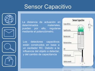 Sensor Capacitivo

La distancia de actuación en
determinados        materiales,
pueden por ello, regularse
mediante el potenciómetro.


Los detectores capacitivos
están construidos en base a
un oscilador RC. Debido a la
influencia del objeto a detectar,
y del cambio de capacitancia
 