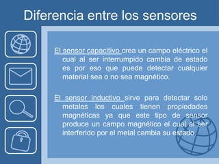Diferencia entre los sensores

     El sensor capacitivo crea un campo eléctrico el
        cual al ser interrumpido cambia de estado
        es por eso que puede detectar cualquier
        material sea o no sea magnético.

     El sensor inductivo sirve para detectar solo
       metales los cuales tienen propiedades
       magnéticas ya que este tipo de sensor
       produce un campo magnético el cual al ser
       interferido por el metal cambia su estado.
 