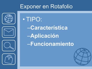 Exponer en Rotafolio

 • TIPO:
  –Característica
  –Aplicación
  –Funcionamiento
 