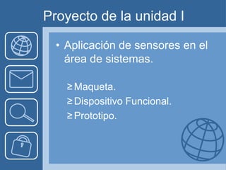 Proyecto de la unidad I

  • Aplicación de sensores en el
    área de sistemas.

    ≥ Maqueta.
    ≥ Dispositivo Funcional.
    ≥ Prototipo.
 