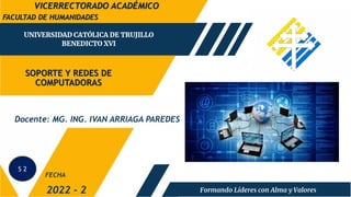 SOPORTE Y REDES DE
COMPUTADORAS
FACULTAD DE HUMANIDADES
2022 - 2
IMA
Docente: MG. ING. IVAN ARRIAGA PAREDES
FECHA
VICERRECTORADO ACADÉMICO
S 2
 