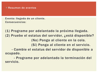  Resumen de eventos


Evento: llegada de un cliente.
Consecuencias:


(1) Programe por adelantado la próxima llegada.
(2) Pruebe el estatus del servidor, ¿está disponible?
               (No) Ponga al cliente en la cola.
               (Sí) Ponga al cliente en el servicio.
    - Cambie el estatus del servidor de disponible a
ocupado.
      - Programe por adelantado la terminación del
servicio.
 