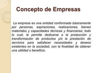 Concepto de Empresas

  La empresa es una entidad conformada básicamente
por personas, aspiraciones, realizaciones, bienes
materiales y capacidades técnicas y financieras; todo
lo cual, le permite dedicarse a la producción y
transformación de productos y/o la prestación de
servicios para satisfacer necesidades y deseos
existentes en la sociedad, con la finalidad de obtener
una utilidad o beneficio.
 