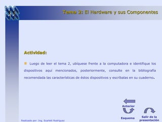 Actividad: 
Tema 2: El Hardware y sus Componentes 
Luego de leer el tema 2, ubíquese frente a la computadora e identifique los 
dispositivos aquí mencionados, posteriormente, consulte en la bibliografía 
recomendada las características de éstos dispositivos y escríbalas en su cuaderno. 
Realizado por: Ing. Scarlett Rodríguez 
Esquema Salir de la 
presentación 
Anterior 
