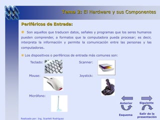 Tema 2: El Hardware y sus Componentes 
Periféricos de Entrada: 
Son aquellos que traducen datos, señales y programas que los seres humanos 
pueden comprender, a formatos que la computadora pueda procesar; es decir, 
interpreta la información y permite la comunicación entre las personas y las 
computadoras. 
Los dispositivos o periféricos de entrada más comunes son: 
Teclado: Scanner: 
Mouse: Joystick: 
Micrófono: 
Realizado por: Ing. Scarlett Rodríguez 
Anterior Siguiente 
Esquema Salir de la 
presentación 
 