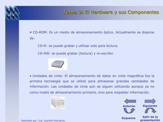 Tema 2: El Hardware y sus Componentes 
• CD-ROM: Es un medio de almacenamiento óptico. Actualmente se dispone 
de: 
CD-R: se puede grabar y utilizar solo para lectura. 
CD-RW: se puede grabar (lectura) y re-escribir. 
• Unidades de cinta: El almacenamiento de datos en cinta magnética fue la 
primera tecnología que se utilizó para almacenar grandes cantidades de 
información. Las unidades de cinta aún se siguen utilizando aunque ya no 
como medio de almacenamiento primario, sino para respaldar información. 
Realizado por: Ing. Scarlett Rodríguez 
Anterior Siguiente 
Esquema Salir de la 
presentación 
 