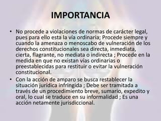IMPORTANCIA
• No procede a violaciones de normas de carácter legal,
pues para ello esta la vía ordinaria; Procede siempre y
cuando la amenaza o menoscabo de vulneración de los
derechos constitucionales sea directa, inmediata,
cierta, flagrante, no mediata o indirecta ; Procede en la
medida en que no existan vías ordinarias o
preestablecidas para restituir o evitar la vulneración
constitucional.
• Con la acción de amparo se busca restablecer la
situación jurídica infringida ; Debe ser tramitada a
través de un procedimiento breve, sumario, expedito y
oral, lo cual se traduce en su informalidad ; Es una
acción netamente jurisdiccional.
 