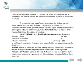 EJEMPLO: La Fábrica de Pañuelos La Colorida S.A. vende su producto a 200 la
unidad más IVA, con un Margen de Comercialización sobre el precio de venta neto
de un 20%.
El costo unitario de los pañuelos se compone del 50% de materia
prima, 25% de mano de obra directa y 25% de gastos de fabricación.
El proceso de fabricación, que se hace por partidas, según los requerimientos de
la bodega de artículos terminados, dura exactamente 1 mes, y la materia prima se
insume al comienzo del proceso productivo.
Los INVENTARIOS al 31 de diciembre en curso eran los siguientes:
Materias Primas 60.000
Productos en Proceso 0
Artículos Terminados unidades 630
La políticas de Inventarios Finales de cada mes definidas por los gerentes eran las
siguientes:
Materias Primas: El inventario de fin de mes de Materias Primas debía equivaler al
90% de los requerimientos de productos en proceso para el mes siguiente.
Productos en Proceso: Como el proceso de fabricación de cada partida duraba
exactamente un mes, se esperaba tener 0 inventario en proceso el último día de
cada mes.
 