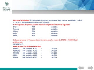 Artículos Terminados: Era apropiado mantener un stock de seguridad de 30unidades , más el
100% de la demanda esperada del mes siguiente.
El Presupuesto de Ventas para los 5 meses del próximo año era el siguiente:
Enero 400 unidades
Febrero 500 unidades
Marzo 600 unidades
Abril 300 unidades
Mayo 400 unidades
Se busca preparar el Presupuesto de Compras para los meses de ENERO y FEBRERO del
próximo año
DESARROLLO
PRESUPUESTO de VENTAS valorizado
ENERO 400 unidades X 200 = 80.000
FEBRERO 500 unidades X 200 = 100.000
MARZO 600 unidades X 200 = 120.000
ABRIL 300 unidades X 200 = 60.000
MAYO 400 unidades X 200 = 80.000
 