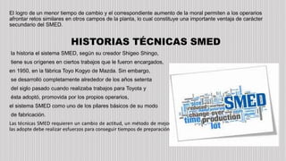 El logro de un menor tiempo de cambio y el correspondiente aumento de la moral permiten a los operarios
afrontar retos similares en otros campos de la planta, lo cual constituye una importante ventaja de carácter
secundario del SMED.
HISTORIAS TÉCNICAS SMED
la historia el sistema SMED, según su creador Shigeo Shingo,
tiene sus orígenes en ciertos trabajos que le fueron encargados,
en 1950, en la fábrica Toyo Kogyo de Mazda. Sin embargo,
se desarrolló completamente alrededor de los años setenta
del siglo pasado cuando realizaba trabajos para Toyota y
ésta adoptó, promovida por los propios operarios,
el sistema SMED como uno de los pilares básicos de su modo
de fabricación.
Las técnicas SMED requieren un cambio de actitud, un método de mejora continua, de forma que cualquier empresa que
las adopte debe realizar esfuerzos para conseguir tiempos de preparación cada vez más cortos.
 
