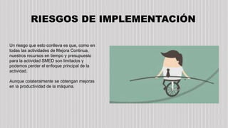 RIESGOS DE IMPLEMENTACIÓN
Un riesgo que esto conlleva es que, como en
todas las actividades de Mejora Continua,
nuestros recursos en tiempo y presupuesto
para la actividad SMED son limitados y
podemos perder el enfoque principal de la
actividad.
Aunque colateralmente se obtengan mejoras
en la productividad de la máquina.
 