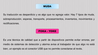 MUDA
POKA - YOKE
Su traducción es desperdicio y es algo que no agrega valor. Hay 7 tipos de muda,
sobreproducción, esperas, transporte, procesamientos, inventarios, movimientos y
rectificaciones.
Es una técnica de calidad que a partir de dispositivos permite evitar errores, por
medio de sistemas de detección y alarma avisa al trabajador de que algo no está
bien, un ejemplo es el conector USB que no permite conectarse al revés.
 