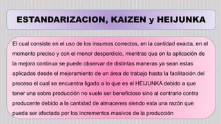 ESTANDARIZACION, KAIZEN y HEIJUNKA
El cual consiste en el uso de los insumos correctos, en la cantidad exacta, en el
momento preciso y con el menor desperdicio, mientras que en la aplicación de
la mejora continua se puede observar de distintas maneras ya sean estas
aplicadas desde el mejoramiento de un área de trabajo hasta la facilitación del
proceso el cual se encuentra ligado a lo que es el HEIJUNKA debido a que
tener una sobre producción no suele ser beneficioso sino al contrario contra
producente debido a la cantidad de almacenes siendo esta una razón que
pueda ser afectada por los incrementos masivos de la producción
 