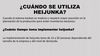 ¿CUÁNDO SE UTILIZA
HEIJUNKA?
Cuando el sistema kanban es maduro y requiere mayor precisión en la
planeación de la producción para evitar inventarios excesivos.
¿Cuánto tiempo toma implementar heijunka?
La implementación de heijunka toma de 12 a 20 semanas dependiendo del
tamaño de la empresa y del nivel de demanda.
 