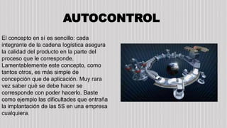 El concepto en sí es sencillo: cada
integrante de la cadena logística asegura
la calidad del producto en la parte del
proceso que le corresponde.
Lamentablemente este concepto, como
tantos otros, es más simple de
concepción que de aplicación. Muy rara
vez saber qué se debe hacer se
corresponde con poder hacerlo. Baste
como ejemplo las dificultades que entraña
la implantación de las 5S en una empresa
cualquiera.
AUTOCONTROL
 
