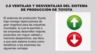 2.8 VENTAJAS Y DESVENTAJAS DEL SISTEMA
DE PRODUCCIÓN DE TOYOTA
El sistemas de producción Toyota
trajo consigo repercusiones de
gran magnitud para las industrias
mundiales, la cual le permitió a
las empresas desarrollar mejores
productos con mayor calidad y
menores desperdicios, eso llevo
a que este sistema tuviera como
beneficios a las empresas las
siguientes ventajas.
 