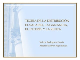 TEORIA DE LA DISTRIBUCIÓN EL SALARIO, LA GANANCIA, EL INTERÉS Y LA RENTA Valeria Rodrìguez García Alberto Esteban Rojas Reyes. 