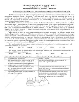 UNIVERSIDAD AUTONOMA DE SANTO DOMINGO
                                       Terapia Periodontal I - ODO 301
                               Resumen Realizado por: Dra. Milagros V. Daly Álvarez

              Instructivo para Llenado de Ficha Índice De Control de Placa y Calculo Simplificado IHOS

         La falta de un conjunto de criterios simples y objetivos que minimizaran la variabilidad introducida por el
examinador, llevaron a Greene y Vermillon a crear este índice (OHI). Su meta fue desarrollar una técnica de
medición que sirviera para estudiar la epidemiología de la enfermedad periodontal y el cálculo, evaluar la
eficacia del cepillado y la atención odontológica de una comunidad y los efectos inmediatos y mediatos de
programas de educación sanitaria dental.
         El OHI-S consta de dos componentes: Índice de Residuos Simplificado (DI-S) y el Índice de Calculo
Simplificado (CI-S). Cada componente es valorado en una escala de 0 a 3. Para el examen se emplea un 3pejo bucal y
un explorador dental curvo sin ningún agente revelador de placa. Las seis superficies dentarlas examinadas en el
OHI-S son las superficies vestibulares de los dientes números: .i (16), 8 (11), 14 (26) y 24 (31), y las superficies
linguales de los dientes numeres: 19 (36) y 31) (46). Cada superficie dentaría es dividida horizontalmente en un
tercio gingival, medio e incisal.
         Para efectuar el índice se coloca un explorador en tercio incisal del diente y se desplaza hacia el tercio
gingival. La puntuación por persona del índice de residuos se obtiene sumando la puntuación de residuos por
superficie dentarla y dividiéndola entre el numero de superficies examinadas. La valoración del índice de cálculo
se realiza colocando suavemente un explorador dental en el surco gingival distal y dirigiéndolo subgingivalmente
desde el arca de contacto mesial. La puntuación por persona del índice de cálculo se obtiene sumando la puntuación
del cálculo por superficie dentaría y dividiéndola entre el numero de superficies examinadas. La puntuación de OHI-S
por persona es el total del los resultados DI-S y CI-S p o r persona.
       Los grados clínicos de limpieza de residuos que pueden ser asociados con los resultados agrupados por la
puntuación de DI-S son los siguientes:
       Bueno          0.0 - 0.6        Regular      1.7 - 1.8             Malo             1.9 - 3.0

       Los grados clínicos de higiene bucal que pueden ser asociados con los resultados agrupados por la
puntuación de OHI-S son los siguientes:
      Bueno          0.0 - 1.2     Regular      1.3 - 3.0             Malo             1.9 - 6.0

Criterios de Índice de Residuos Simplificado           Criterios de Índice de Calculo Simplificado
0    No hay residuos, ni manchas                       0 No hay Cálculos
1    Los residuos blandos se cubren no más de un       1 Cálculos supragingivales cubren no más de un
     tercio de la superficie dentaria o presencia de       tercio de la superficie dentaria
     pigmentaciones excéntricas sin otros residuos
     cualquiera que sea la superficie cubierta
2    Residuos blandos cubren no más de un tercio       2   Cálculos supragingivales cubren no más de un
     pero no más de dos tercios de la superficie           tercio de la superficie o áreas aisladas alrededor de
     dentaria expuesta.                                    la porción cervical
3    Residuos blandos cubren no más de dos tercios     3   Cálculos supragingivales que cubren más de dos
     de la superficie expuesta                             tercios de la superficie dentaria expuesta o una
                                                           banda ancha continua de cálculos subgingivales
                                                           alrededor de la porción cervical del diente.
 