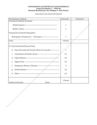 UNIVERSIDAD AUTONOMA DE SANTO DOMINGO
                                           Terapia Periodontal I - ODO 301
                                   Resumen Realizado por: Dra. Milagros V. Daly Álvarez

                                               FICHA DE EVALUACION ESTUDIANTE


Procedimiento a Realizar                                                                     Valoración   Evaluación
Presentación Modelos de Estudio

         Modelo Superior ------------------------------------------------------------             1

     Modelo Inferior -------------------------------------------------------------                1

Presentación de Estudio Radiográfico

   Radiografía/s Periapical/es - Panorámica-------------------------------                        1

Fecha:                                                                                         3 Puntos


IV. Ficha Periodontal (Primera Parte)

    b.     Datos Personales del Paciente, Motivo de Consulta-----------------                     1

    c.     Antecedentes del Estado Actual------------------------------------------              0.3

    d. Tejidos Blandos---------------------------------------------------------------            0.3

    e.     Higiene Oral-------------------------------------------------------------------       0.3

    f.     Dentigrama, Dientes y Oclusión------------------------------------------               2

    g.     Estado Sistémico--------------------------------------------------------------        0.5

    h. Dieta------------------------------------------------------------------------------       0.5



                                                                                               5 Puntos
Nombre de Paciente:                                              Fecha:
 