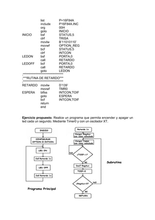 list            P=16F84A
               include         P16F84A.INC
               org             00H
               goto            INICIO
INICIO         bsf             STATUS,5
               clrf            TRISA
               movlw           B’11010110’
               movwf           OPTION_REG
               bcf             STATUS,5
               clrf            INTCON
LEDON          bsf             PORTA,0
               call            RETARDO
LEDOFF         bcf             PORTA,0
               call            RETARDO
               goto            LEDON
;*********************************
;***RUTINA DE RETARDO***
;*********************************
RETARDO movlw                  D’139’
               movwf           TMR0
ESPERA         btfss           INTCON,TOIF
               goto            ESPERA
               bcf             INTCON,TOIF
               return
               end


Ejercicio propuesto. Realice un programa que permita encender y apagar un
led cada un segundo. Mediante Timer0 y con un oscilador XT.
 