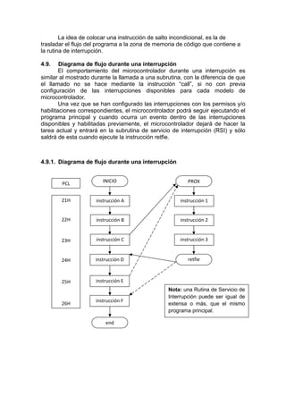 La idea de colocar una instrucción de salto incondicional, es la de
trasladar el flujo del programa a la zona de memoria de código que contiene a
la rutina de interrupción.

4.9.    Diagrama de flujo durante una interrupción
        El comportamiento del microcontrolador durante una interrupción es
similar al mostrado durante la llamada a una subrutina, con la diferencia de que
el llamado no se hace mediante la instrucción “call”, si no con previa
configuración de las interrupciones disponibles para cada modelo de
microcontrolador.
        Una vez que se han configurado las interrupciones con los permisos y/o
habilitaciones correspondientes, el microcontrolador podrá seguir ejecutando el
programa principal y cuando ocurra un evento dentro de las interrupciones
disponibles y habilitadas previamente, el microcontrolador dejará de hacer la
tarea actual y entrará en la subrutina de servicio de interrupción (RSI) y sólo
saldrá de esta cuando ejecute la instrucción retfie.



4.9.1. Diagrama de flujo durante una interrupción


                        INICIO                           PROX
        PCL


        21H          instrucción A                    instrucción 1


        22H          instrucción B                    instrucción 2


        23H          instrucción C                    instrucción 3


        24H          instrucción D                       retfie



        25H          instrucción E
                                                 Nota: una Rutina de Servicio de
                                                 Interrupción puede ser igual de
                     instrucción F
        26H                                      extensa o más, que el mismo
                                                 programa principal.

                         end
 
