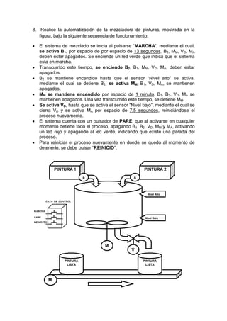8. Realice la automatización de la mezcladora de pinturas, mostrada en la
   figura, bajo la siguiente secuencia de funcionamiento:

   El sistema de mezclado se inicia al pulsarse “MARCHA”, mediante el cual,
    se activa B1, por espacio de por espacio de 13 segundos. B2, MM, VD, MA
    deben estar apagados. Se enciende un led verde que indica que el sistema
    esta en marcha.
   Transcurrido este tiempo, se enciende B2. B1, MM, VD, MA, deben estar
    apagados.
   B2 se mantiene encendido hasta que el sensor “Nivel alto” se activa,
    mediante el cual se detiene B2, se activa MM. B1, VD, MA, se mantienen
    apagados.
   MM se mantiene encendido por espacio de 1 minuto. B1, B2, VD, MA se
    mantienen apagados. Una vez transcurrido este tiempo, se detiene MM.
   Se activa VD, hasta que se activa el sensor “Nivel bajo”, mediante el cual se
    cierra VD y se activa MA por espacio de 7.5 segundos, reiniciándose el
    proceso nuevamente.
   El sistema cuenta con un pulsador de PARE, que al activarse en cualquier
    momento detiene todo el proceso, apagando B1, B2, VD, MM y MA, activando
    un led rojo y apagando al led verde, indicando que existe una parada del
    proceso.
   Para reiniciar el proceso nuevamente en donde se quedó al momento de
    detenerlo, se debe pulsar “REINICIO”.



            PINTURA 1                                  PINTURA 2

                          B                       B



                                                         Nivel Alto




                                                        Nivel Bajo




                                    M
                                                 V

                PINTURA                                PINTURA
                 LISTA                                  LISTA




        M
 