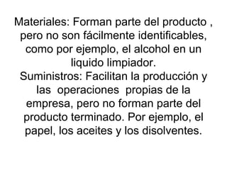 Materiales: Forman parte del producto , pero no son fácilmente identificables, como por ejemplo, el alcohol en un liquido limpiador. Suministros: Facilitan la producción y las  operaciones  propias de la empresa, pero no forman parte del producto terminado. Por ejemplo, el papel, los aceites y los disolventes. 