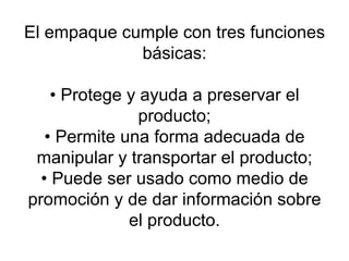 El empaque cumple con tres funciones básicas: • Protege y ayuda a preservar el producto; • Permite una forma adecuada de manipular y transportar el producto; • Puede ser usado como medio de promoción y de dar información sobre el producto. 