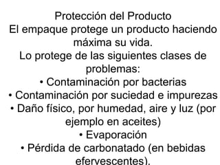 Protección del Producto El empaque protege un producto haciendo máxima su vida. Lo protege de las siguientes clases de problemas: • Contaminación por bacterias • Contaminación por suciedad e impurezas • Daño físico, por humedad, aire y luz (por ejemplo en aceites) • Evaporación • Pérdida de carbonatado (en bebidas efervescentes). 