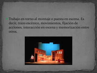 El director propone a los actores ejercicios de respiración, vocalización, movimiento y conocimiento de su cuerpo.Calentamiento Físico:
