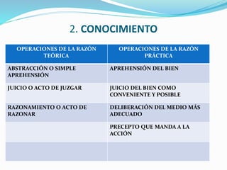 2. CONOCIMIENTO
OPERACIONES DE LA RAZÓN
TEÓRICA
OPERACIONES DE LA RAZÓN
PRÁCTICA
ABSTRACCIÓN O SIMPLE
APREHENSIÓN
APREHENSIÓN DEL BIEN
JUICIO O ACTO DE JUZGAR JUICIO DEL BIEN COMO
CONVENIENTE Y POSIBLE
RAZONAMIENTO O ACTO DE
RAZONAR
DELIBERACIÓN DEL MEDIO MÁS
ADECUADO
PRECEPTO QUE MANDA A LA
ACCIÓN
 