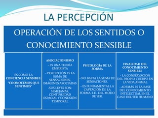 LA PERCEPCIÓN
OPERACIÓN DE LOS SENTIDOS O
CONOCIMIENTO SENSIBLE
ES COMO LA
CONCIENCIA SENSIBLE:
“COONOCEMOS QUE
SENTIMOS”
ASOCIACIONISMO
- ES UNA TEORÍA
EMPIRISTA
- PERCEPCIÓN ES LA
SUMA DE
SENSACIONES,
IMÁGENES ASOCIADAS
-SUS LEYES SON:
SEMEJANZA,
CONTINUIDAD
ESPACIAL Y CONEXIÓN
TEMPORAL
PSICOLOGÍA DE LA
FORMA
- NO BASTA LA SUMA DE
SENSACIONES.
- ES FUNDAMENTAL LA
CAPTACIÓN DE LA
FORMA, I.E., DEL MODO
DE SER.
FINALIDAD DEL
CONOCIMIENTO
SENSIBLE
- LA CONSERVACIÓN
DEL PROPIO CUERPO EN
LA VIDA ANIMAL
- ADEMÁS ES LA BASE
DEL CONOCIMIENTO
INTELECTUAL EN EL
CASO DEL SER HUMANO
 