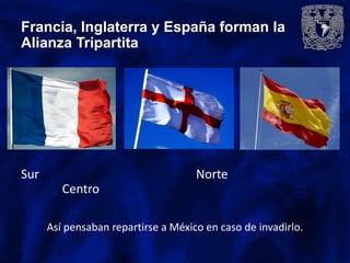Francia, Inglaterra y España forman la
Alianza Tripartita




Sur                                  Norte
         Centro

      Así pensaban repartirse a México en caso de invadirlo.
 