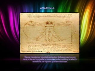 Recuperado de: es.wikipedia.org

Es una ciencia que estudia la estructura de los seres vivos, es
decir, la forma, topografía, la ubicación, la disposición y la relación
entre sí de los órganos que las componen.

 
