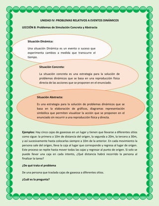 UNIDAD IV: PROBLEMAS RELATIVOS A EVENTOS DINÁMICOS
LECCIÓN 8: Problemas de Simulación Concreta y Abstracta

Situación Dinámica:
Una situación Dinámica es un evento o suceso que
experimenta cambios a medida que transcurre el
tiempo.
Situación Concreta:
La situación concreta es una estrategia para la solución de
problemas dinámicos que se basa en una reproducción física
directa de las acciones que se proponen en el enunciado.

Situación Abstracta:
Es una estrategia para la solución de problemas dinámicos que se
basa en la elaboración de gráficos, diagramas representación
simbólica que permiten visualizar la acción que se proponen en el
enunciado sin recurrir a una reproducción física y directa.

Ejemplos: Hay cinco cajas de gaseosas en un lugar y tienen que llevarse a diferentes sitios
como sigue: la primera a 10m de distancia del origen, la segunda a 20m, la tercera a 30m,
y así sucesivamente hasta colocarlas siempre a 10m de la anterior. En cada movimiento la
persona sale del origen, lleva la caja al lugar que corresponde y regresa al lugar de origen.
Este proceso se repite hasta mover todas las cajas y regresar al punto de origen. Si solo se
puede llevar una caja en cada intento, ¿Qué distancia habrá recorrido la persona al
finalizar la tarea?
¿De qué trata el problema
De una persona que traslada cajas de gaseosa a diferentes sitios.
¿Cuál es la pregunta?

 