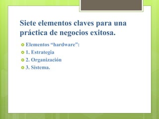 Siete elementos claves para una
práctica de negocios exitosa.
 Elementos “hardware”:
 1. Estrategia
 2. Organización
 3. Sistema.
 