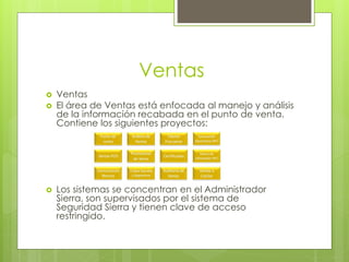 Ventas
 Ventas
 El área de Ventas está enfocada al manejo y análisis
de la información recabada en el punto de venta.
Contiene los siguientes proyectos:
 Los sistemas se concentran en el Administrador
Sierra, son supervisados por el sistema de
Seguridad Sierra y tienen clave de acceso
restringido.
 