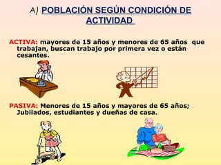 ACTIVA: mayores de 15 años y menores de 65 años que
trabajan, buscan trabajo por primera vez o están
cesantes.
PASIVA: Menores de 15 años y mayores de 65 años;
Jubilados, estudiantes y dueñas de casa.
A) POBLACIÓN SEGÚN CONDICIÓN DE
ACTIVIDAD
 