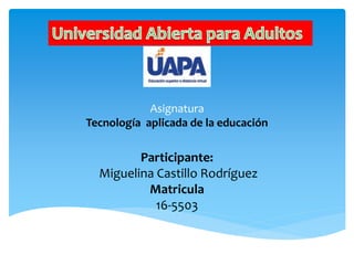 Asignatura
Tecnología aplicada de la educación
Participante:
Miguelina Castillo Rodríguez
Matricula
16-5503
 