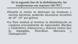 En la segunda fase de la deshidratación, las
temperaturas son mayores (60-70°C)
▪Durante la misma se destruyen las levaduras y
muchas bacterias, pudiendo alcanzarse recuentos
de 103
- 104
por gramos
▪La flora residual al terminar la deshidratación se
compone principalmente de esporulados (Bacillus
y Clostridium), enterococos y diversos mohos (por
ej; Aspergillas, Penicillium, Alternaria y
Cladosporium)
 